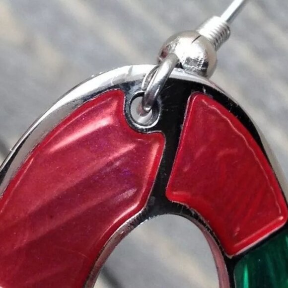 Vintage Edgar Berebi Oval Tropical Red Green Enamel Silver Tone Drop Earrings - Picture 4 of 7